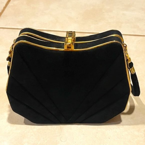 VTG Black Suede Gold Trim Clamp Hard Case Hinged Shoulder Bag Clutch 7.25"x6.25" - Picture 1 of 16